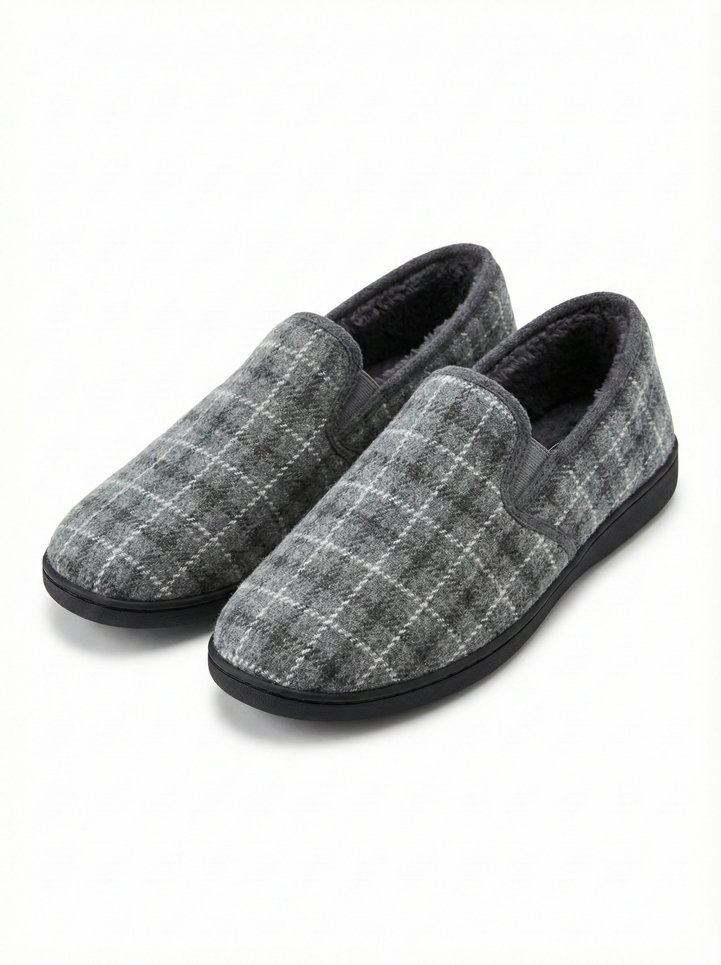 grey checked or plaid full slippers with faux-fur lining[