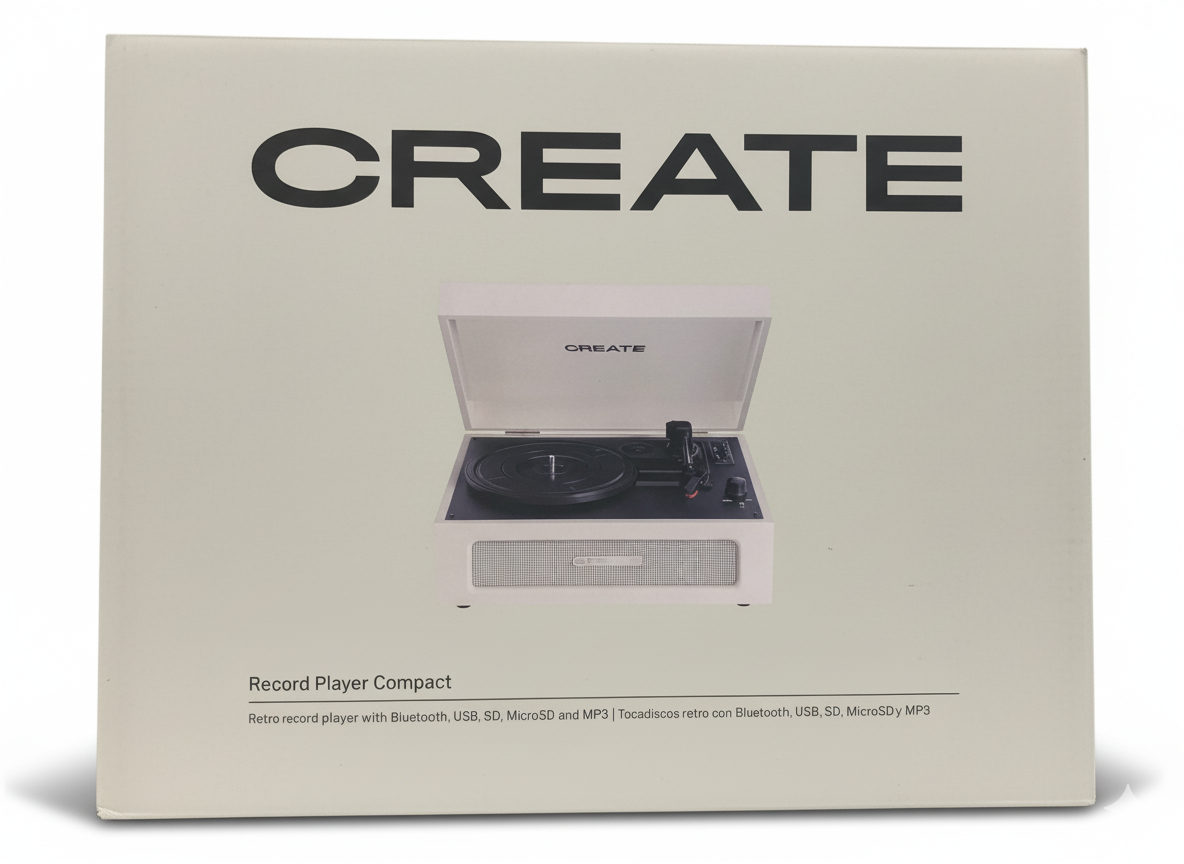CREATE Record Player Compact," a retro-styled portable turntable