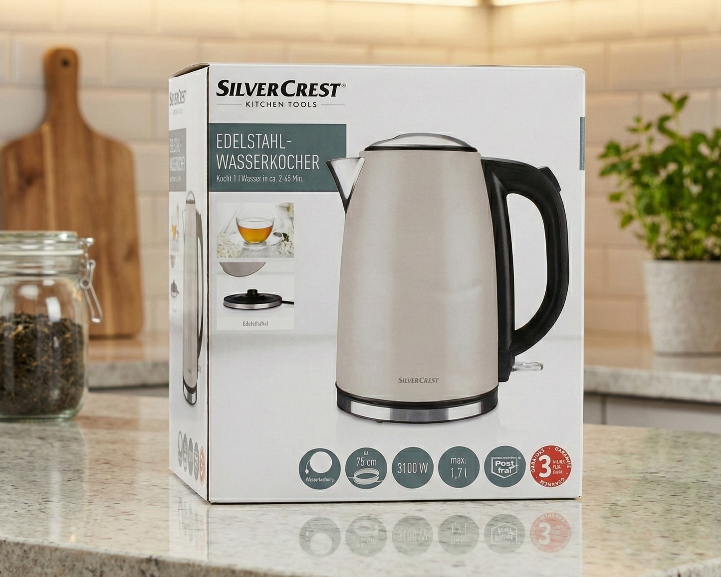 Silvercrest Stainless Steel Kettle (likely model SWKB 3100 A1 or similar). Key features and specifications include: