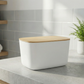 The image shows a Livarno Home storage box with a bamboo lid. 
