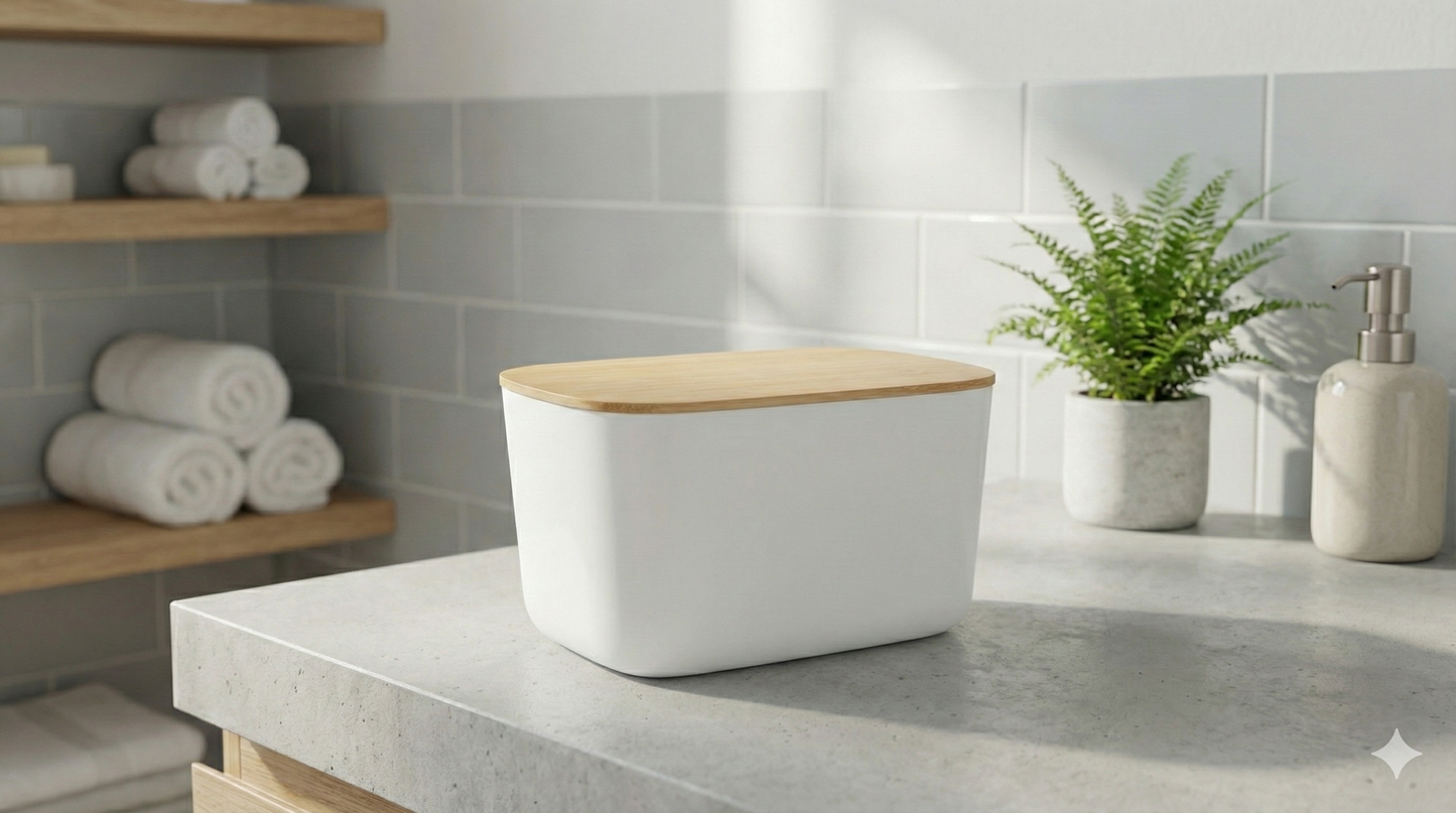 The image shows a Livarno Home storage box with a bamboo lid. 