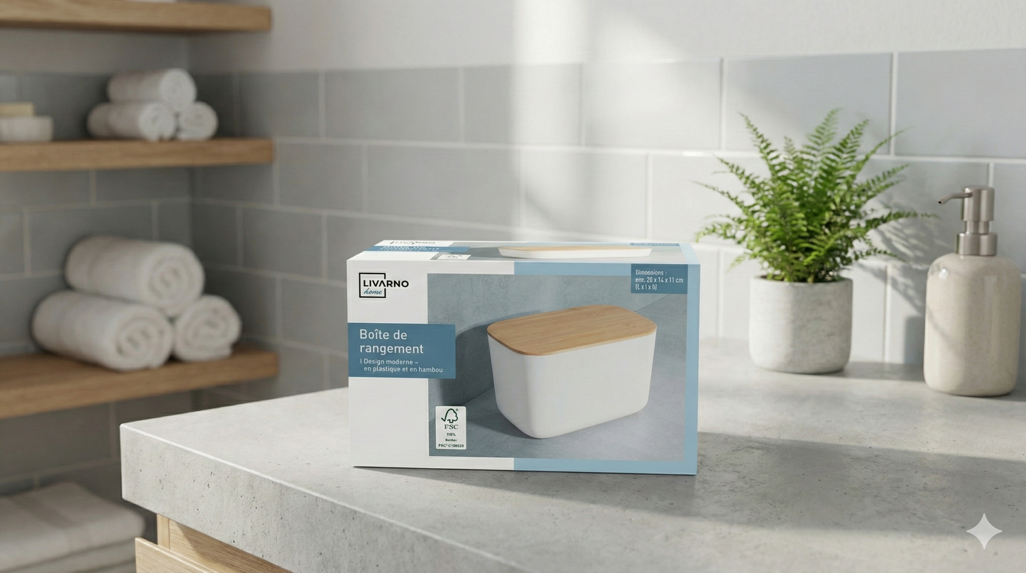 The image shows a Livarno Home storage box with a bamboo lid. 