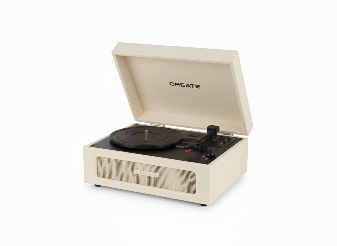 CREATE Record Player Compact," a retro-styled portable turntable