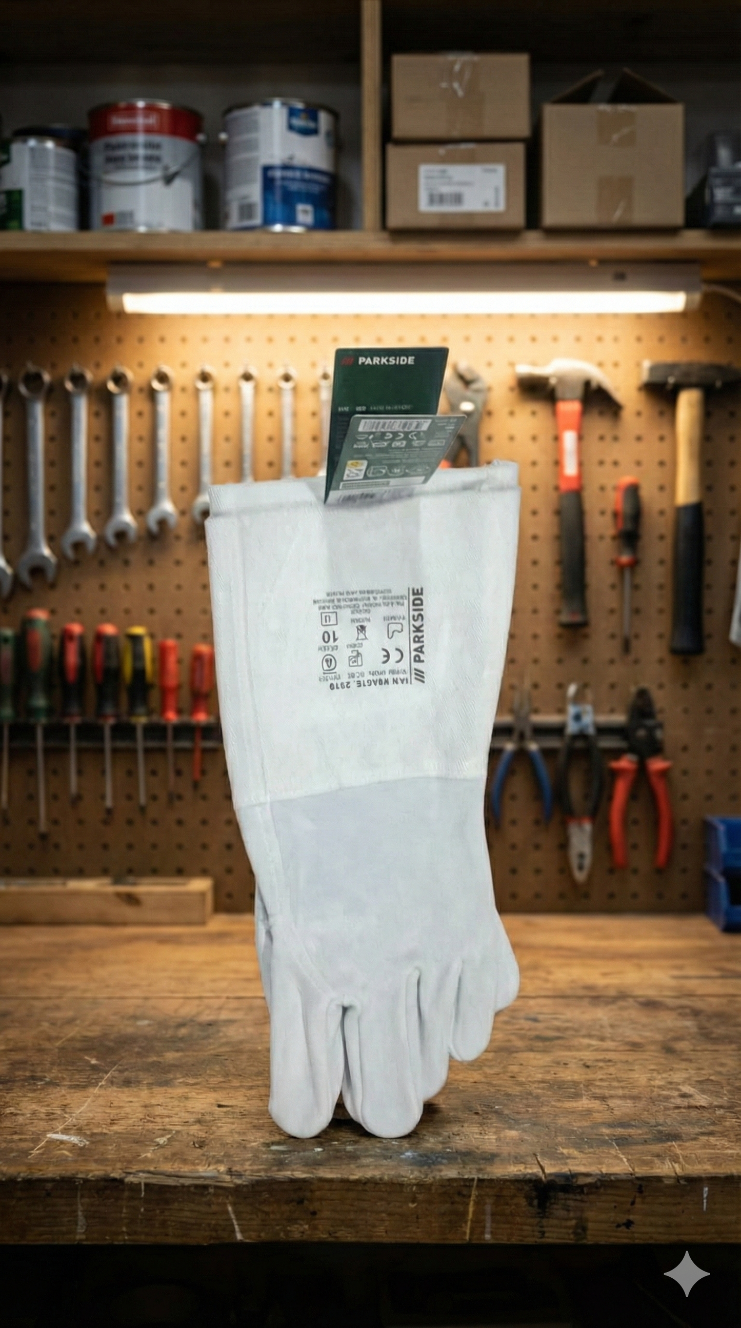 Parkside heat-resistant leather welding gloves.